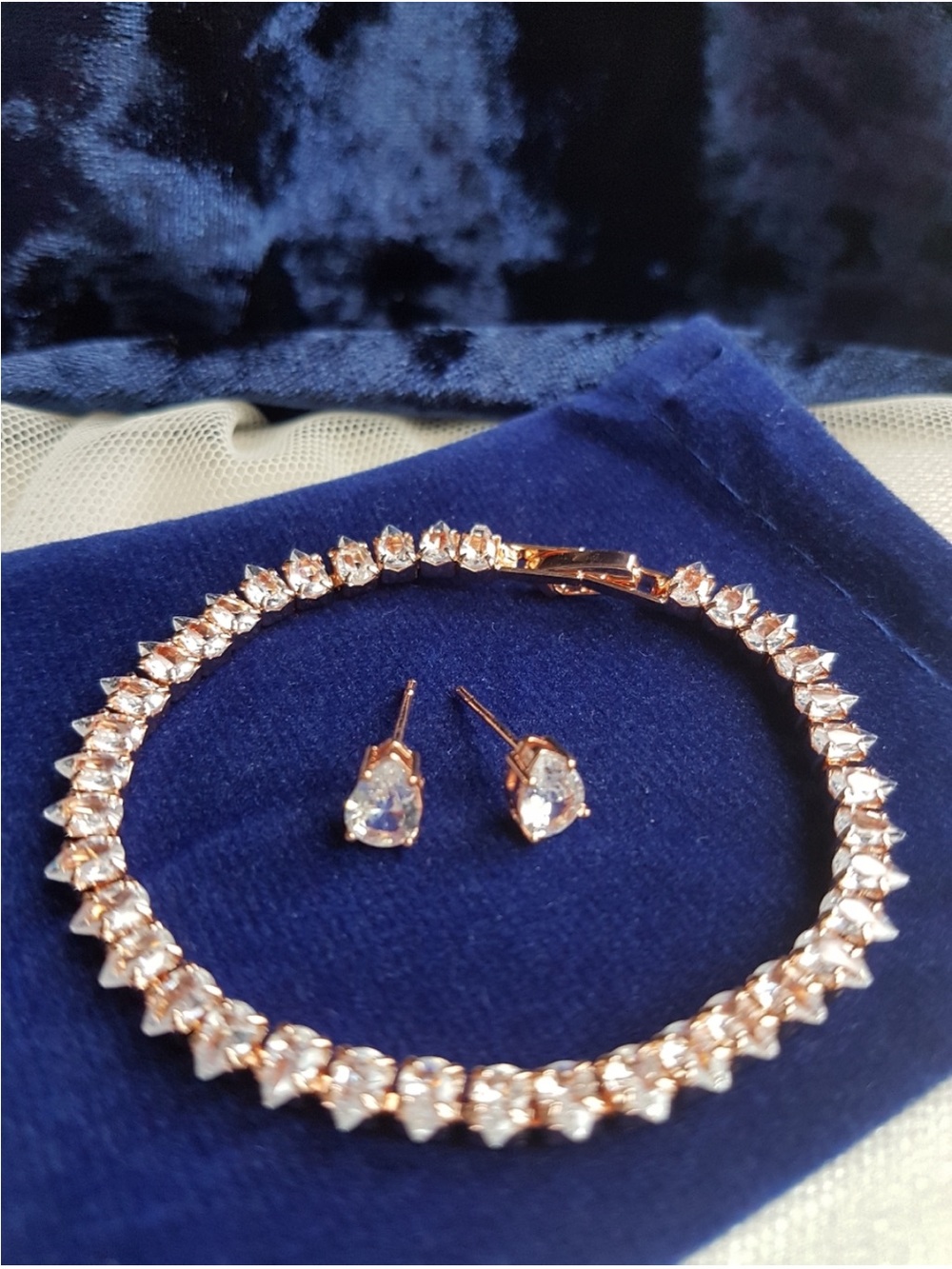 Swarovski Elements Rose Gold Teardrop Tennis Bracelet & Stud Earrings SET NEW